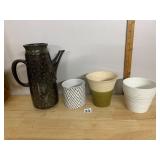 CERAMIC PITCHER, FLORAL PATTERN, BROWN GLAZE,