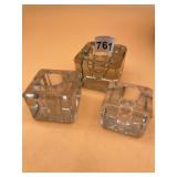 CLEAR GLASS INKWELLS, CUBIC FORM, STEPPED BASE,
