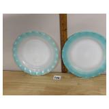 MILK GLASS PLATES, SCALLOPED EDGES, TURQUOISE RIM