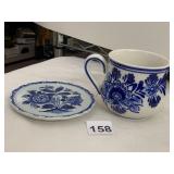 DELFT BLUE POTTERY CUP AND SAUCER, HAND-PAINTED