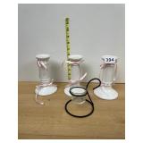 CERAMIC CANDLESTICKS, WHITE GLAZE, PINK RIBBON