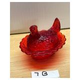 RUBY RED GLASS HEN ON NEST, PRESSED GLASS,
