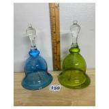 ART GLASS BELLS, BLUE AND GREEN, CLEAR GLASS