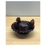 DEEP PURPLE GLASS HEN ON NEST, PRESSED GLASS,