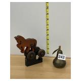 WOODEN PULL TOY, HORSE AND CART FORM, NATURAL AND