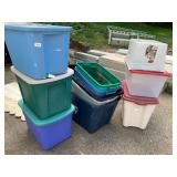 ASSORTED PLASTIC STORAGE TOTES, VARIOUS SIZES,