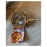 COPPER CHEF SQUARE PAN W/ GLASS LID, FRY BASKET,