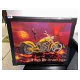 MOTORCYCLE THEMED WALL CLOCK, VOLCANO AND LAVA