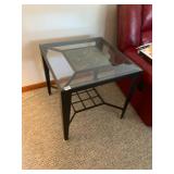END TABLE, METAL FRAME, GLASS TOP, FAUX MARBLE