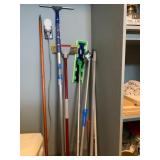 ASSORTED CLEANING TOOLS, INCLUDES SWIFFER MOP,
