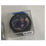 PIERRE TURGEON, NHL HOCKEY PUCK, PLAYER PHOTO,