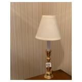 BRASS CANDLESTICK LAMP, TAPERED FABRIC SHADE,