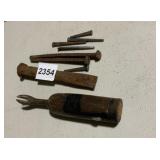 WOODEN HANDLE TOOL W/ METAL FORK, METAL CHISEL,