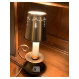 BRASS TABLE LAMP, PIERCED CYLINDRICAL SHADE,