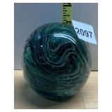 ART GLASS PAPERWEIGHT, SWIRLED GREEN AND BLACK,