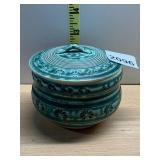 STUDIO POTTERY COVERED JAR, TEAL GLAZE, INCISED