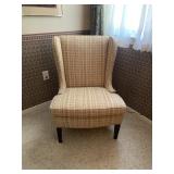 WINGBACK CHAIR, TAN AND BROWN PLAID UPHOLSTERY,