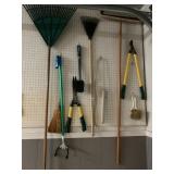 GARDEN TOOLS, INCLUDES LEAF RAKES, BROOM,