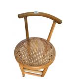 WOOD STOOL, CANE SEAT, CURVED BACKREST, ROUNDED