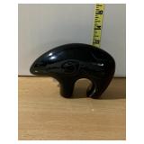 BLACK GLASS BEAR FIGURINE, ETCHED TRIBAL STYLE
