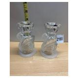 CRYSTAL CANDLE HOLDERS, SWAN MOTIF, FROSTED GLASS