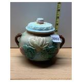 MAJOLICA COVERED SUGAR BOWL, LOTUS FLOWER MOTIF,