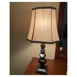 TABLE LAMPS, DARK FINISH, TURNED COLUMN BASE,