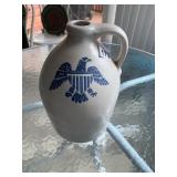 STONEWARE JUG, CREAM GLAZE, BLUE EAGLE MOTIF,