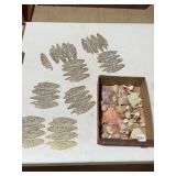ASSORTED SEASHELLS, CORAL PIECES, BRASS DRAGONFLY