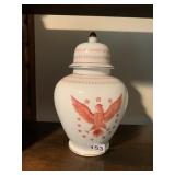 ETHAN ALLEN PORCELAIN GINGER JAR, WHITE W/ RED
