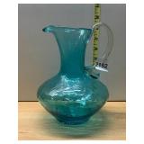 CRACKLE GLASS PITCHER, TURQUOISE BLUE, APPLIED