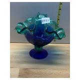 WHITE CRISTAL ITALIAN ART GLASS BASKET, BLUE TO