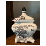 PORCELAIN LIDDED JAR, BLACK AND WHITE