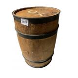 WOODEN BARREL, METAL HOOPS, STENCILED TOP