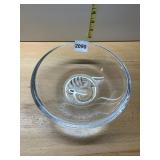 CLEAR GLASS BOWL, PRESSED BIRD MOTIF IN CENTER.