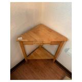 WOOD CORNER TABLE, TRIANGULAR TOP, SINGLE DRAWER,
