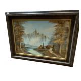 OIL ON CANVAS, MOUNTAIN LANDSCAPE, CABIN BY LAKE,