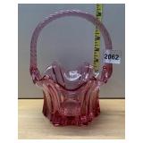 PINK DEPRESSION GLASS BASKET, SWIRL HANDLE,