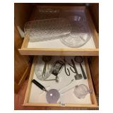 KITCHEN UTENSILS, INCLUDES PRESSED GLASS TRAYS,