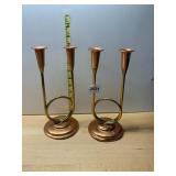 PAIR OF BRASS AND COPPER CANDLESTICKS, HORN SHAPE