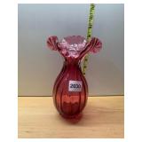 CRANBERRY GLASS VASE, RUFFLED RIM, RIBBED BODY.