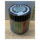 STAINED GLASS TRINKET BOX, CYLINDRICAL,