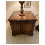 WOOD END TABLE, TWO DOORS, BRASS HARDWARE,