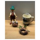 WOODEN FIGURINE, STRAW BASKET W/ FLORAL