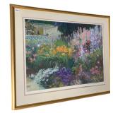 SIGNED PRINT, GARDEN SCENE, GILT FRAME, MATTED.
