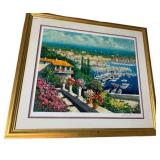 SIGNED PRINT, HARBOR SCENE, BOATS, FLOWERS, GILT