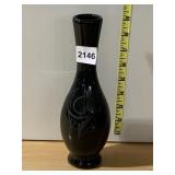 BLACK GLASS VASE, ETCHED TRIBAL STYLE SPIRAL