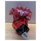 FENTON CRANBERRY GLASS VASE, RUFFLED RIM,
