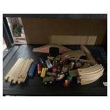 WOODEN TRAIN TRACK SET, ASSORTED WOODEN TRAINS,