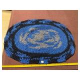 HAND-BRAIDED RAG RUG, OVAL, BLUE AND NAVY TONES,
